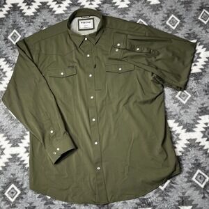 Poncho Outdoors Mens XL Western Snap Performance Shirt Olive Green Long Sleeve